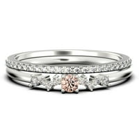 Zigzag Style 1. Карат кръг отряд морганит и диамант Moissanite уникален стил годежен пръстен, тънък пръстен, сватбен пръстен в стерлингово сребро с 18k бяло злато, булчински комплект, съвпадаща лента