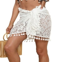 Mialoley Women's Beach Wear Cover-Up, дантела прозорква квадратна форма Тайтел декор Бандаж плажна пола, бяла