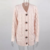 Loyisvidion палто дамски бохо пачуърк жилетка с дълъг ръкав отворен предни плетени пуловери палто джобове розово xl