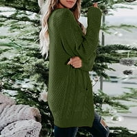 Caicj дълго дамско палто жени отворен преден плетен пуловер Отношен фенер в ръкав Кардиган Изходно облекло Армия Зелено, L