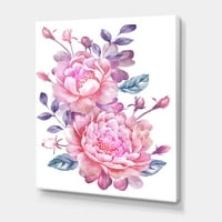 Розови Ретро Цветя Със Сини Листа Върху Бяла Живопис Платно Изкуство Печат