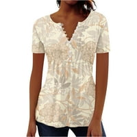 Фетална женска риза блуза Бутон ретро печат къс ръкав Случайни Основни кръг врата редовни топ дамски ризи
