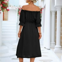 Женски рокли ръкав твърд ежедневна дължина на коляното a-line лято рокля извън рамото черен xl