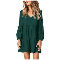 Женски рокли със средна дължина дълъг ръкав мода a-line солидна V-образна летна рокля зелена m