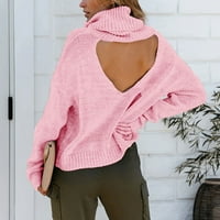 Женски есен зимен топла гърда на плетема пуловер с дълъг ръкав твърд цвят свободен лек оребрен пуловер джъмперни върхове розови s