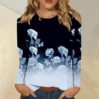 Горещи продажби Дълъг ръкав ризи за жени универсален Пуловер върхове Екипажа врата флорални Дамски Ризи Тъмно синьо ххл