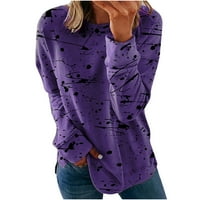Ersazi Crewneck Sweatshirts Женски моден кръгъл врат пуловер с дълъг ръкав отпечатан ежедневен свободен горен пуловер в разрешение лилава памучна блуза l