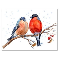 Две Щиглици на клон глог със снеговалеж през зимата живопис платно изкуство печат