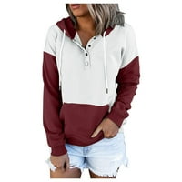 Дамски ежедневни качулки пуловер върхове на теглене с дълъг ръкав цветен блок суичъри пролетни есенни дрехи с джобна блуза риза качулка вино m