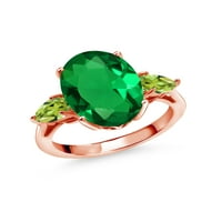 Gem Stone King 4. CT овално зелено нано изумрудено зелено перидот 18k розово злато, покрито със сребро 3-каменни годежен пръстен