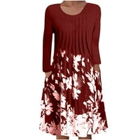 Симоидни женски рокли - Есен ежедневен екипаж в шия с дълъг ръкав сгъваеми флорални отпечатани рокли вино xxl