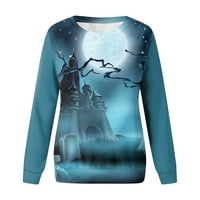 Върхове за жени с дълъг ръкав Crewneck Хелоуин ризи за печат хлабав пуловер ежедневна блуза небесно синьо 2xl