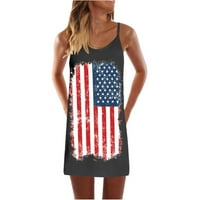 Ernkv женски мини разхлабени ками рокли разклонения САЩ флаг печат 4 юли облекло Лятна патриотична слънчева ръкавица без ръкави лъжичка Врат свободно време мода светло синьо xxl