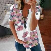 Жени модни ежедневни горни ризи печат туника v Врат цип тениски с къс ръкав блуза летни върхове жени блуза