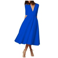 Дамски рокли без ръкави A-Line Средна дължина на ежедневни летни солидни рокля с v-образно деколте син m