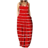 Модна женска разхлабена ежедневна летна раирана щампа за джобни прашки рокля без ръкави червен xl
