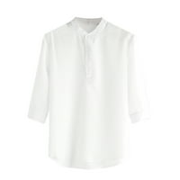 Работни ризи за мъже бели тениски за мъже мъжки дом чист цвят бутон Случайни средата на ръкав бельо изправи яка Блуза Блуза Блуза Блузи мускулести ризи За Мъже,Бяло, 3хл