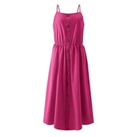 Дамски рокли лятна рокля А-линия Камизола ежедневни жени миди Бийч копчета Дамски рокля рокля приплъзване горещо розово Л2