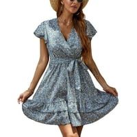 Просвета летни рокли за жени V-образни модни отпечатани мини рокли с къс ръкав Blue S