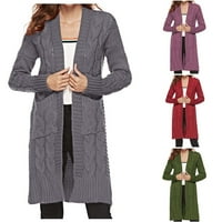 Aufmer Open Front Cardigan жени Просвет с дълъг ръкав обикновен плътно джобно джобно палто с дължина на коляното с дълъг ръкав на върха на средното палто с дълъг палто