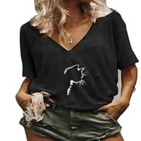 Жени котка отпечатани v шия с къс ръкав тениска блуза лятна ежедневна туника върхове