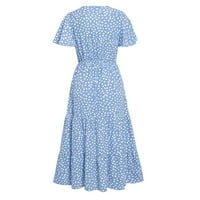 Летни рокли за жени мода В-деколте с къс ръкав флорални А-линия рокли средни дълги дамски рокли сини л