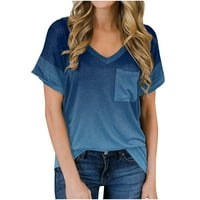 Дамски върхове модни дамски v шия ежедневен печат джобни тениски с къси без ръкави върхове сини s