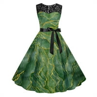Просвещение йохом летни рокли Женски дантелени шевове кръгла шия без ръкави от печатна талия суинг зелено xl
