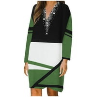 Женски плюс размер с дълъг ръкав с V-образно деколте ретро цветен блок ежедневни рокли зелени 4xl