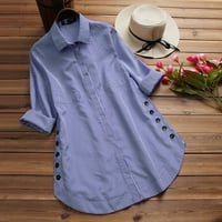 Женски плюс размер блуза с дълъг ръкав решетъчен бутон Небрежни върхове риза Разхлабени блузи ризи сини xxxxl