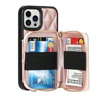 Декас калъф за портфейл за iPhone Pro Max, хибридни ударни слотове за картички с кожени каишки за китка с цип с цип, калъф за телефон, Rosegold